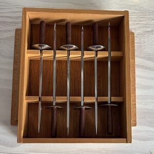 Set of 6 Mid-Century‎ Teak Handled Metal 6-1/2" Skewers in Box